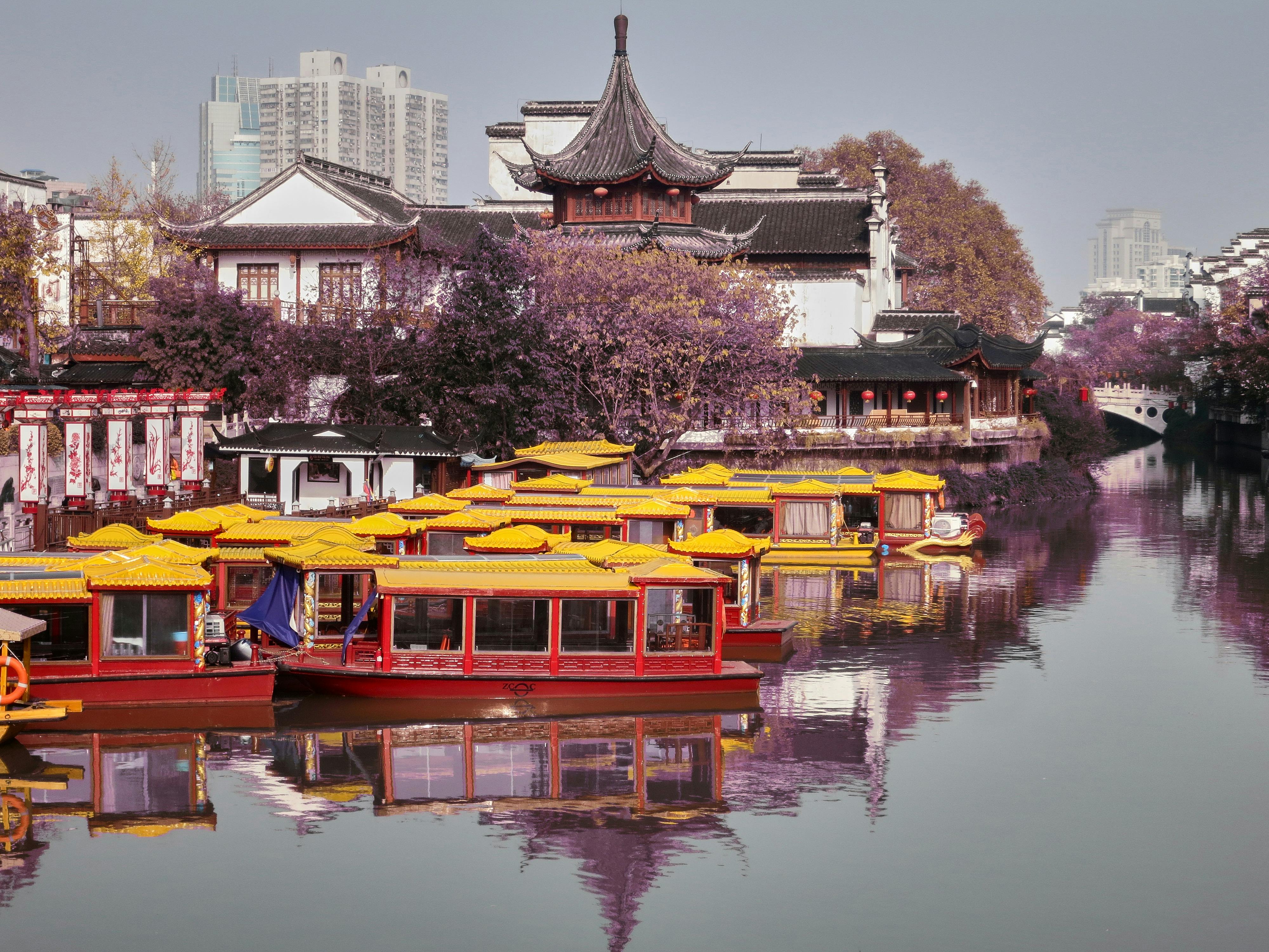 Chinese Traditional Boats on Water Near The Confucius Temple Area in Nanjing, China