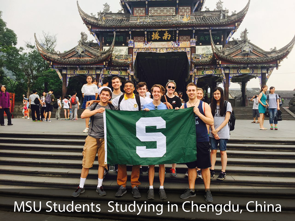 MSU students standing outside Chinese temple
