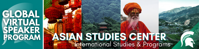 Virtual Global Speaker program with pictures of mountains and a man wearing a red shirt and turban